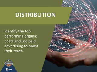 DISTRIBUTION
Identify the top
performing organic
posts and use paid
advertising to boost
their reach.
 