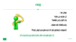 SHABTA14
‫رزومه‬
‫سوال‬‫ها‬:
‫آن‬‫ها‬‫چه‬‫می‬‫دانند؟‬
‫چه‬‫کسانی‬‫را‬‫می‬‫شناسند؟‬
‫چقدر‬‫شناخته‬‫شده‬‫هستند‬.
‫آیا‬‫سرمایه‬‫دارها‬‫باور‬‫ند‬‫ر‬‫دا‬‫که‬‫ایده‬‫های‬‫جدید‬‫ارزش‬‫ند‬‫ر‬‫دا‬‫؟؟‬
‫توصیف‬‫را‬‫تیم‬‫اعضای‬‫تمام‬‫نش‬‫ا‬‫د‬‫باید‬‫تجاری‬‫طرح‬‫یک‬‫کند‬
 