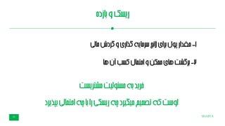 SHABTA24
‫بازده‬‫و‬‫ریسک‬
1-‫مقدار‬‫لی‬‫ا‬‫م‬‫گردش‬‫و‬‫گذاری‬‫سرمایه‬‫النچ‬‫برای‬‫پول‬
2-‫برگشت‬‫ها‬‫آن‬‫کسب‬‫احتمال‬‫و‬‫ممکن‬‫های‬
‫مشتریست‬‫لیت‬‫و‬‫مسئ‬‫به‬‫خرید‬
‫احت‬‫چه‬‫با‬‫را‬‫ریسکی‬‫چه‬‫میگیرد‬‫تصمیم‬‫که‬‫اوست‬‫بپذیرد‬‫لی‬‫ا‬‫م‬
 