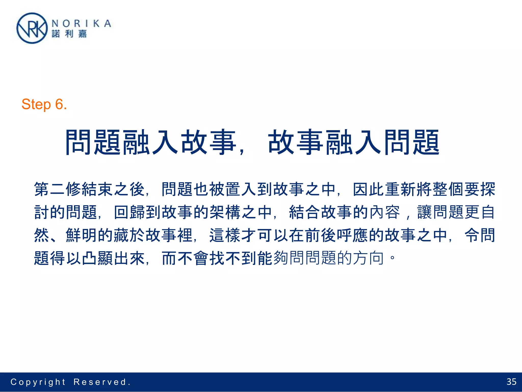 35C o p y r i g h t R e s e r v e d .
問題融入故事，故事融入問題
第二修結束之後，問題也被置入到故事之中，因此重新將整個要探
討的問題，回歸到故事的架構之中，結合故事的內容，讓問題更自
然、鮮明的藏於故事裡，這樣才可以在前後呼應的故事之中，令問
題得以凸顯出來，而不會找不到能夠問問題的方向。
Step 6.
 