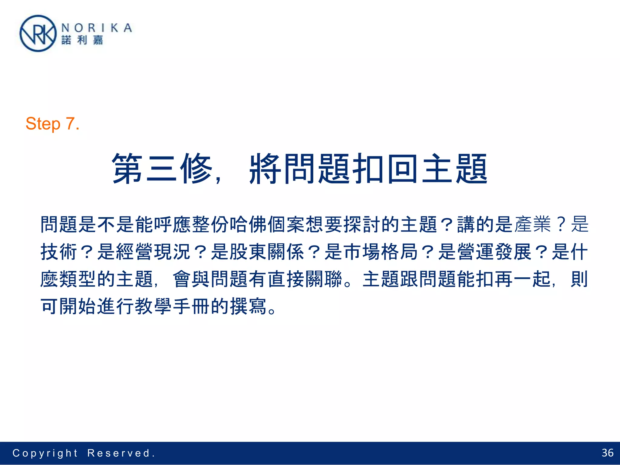 36C o p y r i g h t R e s e r v e d .
第三修，將問題扣回主題
問題是不是能呼應整份哈佛個案想要探討的主題？講的是產業？是
技術？是經營現況？是股東關係？是市場格局？是營運發展？是什
麼類型的主題，會與問題有直接關聯。主題跟問題能扣再一起，則
可開始進行教學手冊的撰寫。
Step 7.
 