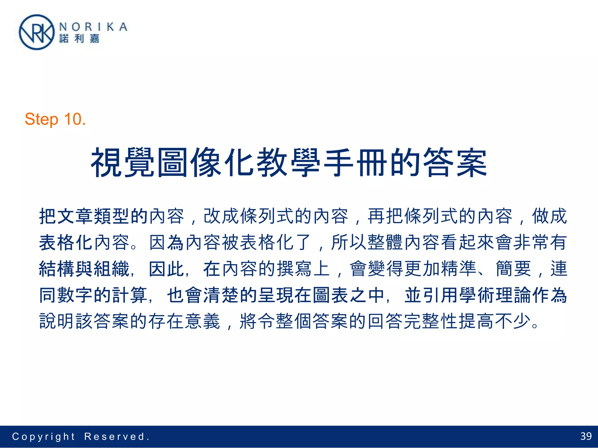 39C o p y r i g h t R e s e r v e d .
視覺圖像化教學手冊的答案
把文章類型的內容，改成條列式的內容，再把條列式的內容，做成
表格化內容。因為內容被表格化了，所以整體內容看起來會非常有
結構與組織，因此，在內容的撰寫上，會變得更加精準、簡要，連
同數字的計算，也會清楚的呈現在圖表之中，並引用學術理論作為
說明該答案的存在意義，將令整個答案的回答完整性提高不少。
Step 10.
 