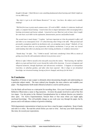 thought it through. I think Merton is onto something fundamental about learning and I think I might use
it in my HRD essay.”
“But what’s it got to do with Human Resources?” he says, “you know, the subject you’re actually
studying?
“Well the first issue is pretty much common-sense. If I work in HRD – whether it’s induction, health and
safety, or computer-based training – I need to know how to impart information while encouraging both a
learning environment and learner attitude. I practiced on your Mum last week at home when I taught
her some basic excel skills via the explanation, demonstration, practice and feedback model.
The second issue is much deeper,” I explain, “and more important as it has the potential to affect self
and others at an emancipatory level. It’s about knowing what I bring to the table. What personal and
personality assumptions underlie my facilitation style, are prompting course design? Similarly, if I am
aware and honest about my own propensities and defence mechanisms, I can go some way toward
understanding what others are playing out in their training, facilitation, or workplace interactions.”
“Sounds deep,” he sighs. “Yes,” I think to myself, “and ironic considering I chose HR as a means of
getting away from the self-examination inherent in my previous career.”
Merton is right, I think to myself as the train pulls away from the station. “Real learning, the stuff that
affects us at gut and heart level, occurs beyond the realm of the classroom. It occurs in fragments and
whispered memories, through daydreams and subconscious revelations. It happens on metropolitan
train-lines, in suburban gardens, and often when least expected. But it clings to our formalised
knowledge, our structured training, leaving us forever changed, and always for the better”.
In Conclusion
Regardless of format or type a paper is ultimately about documenting thoughts and understanding on
a particular subject matter. The more ordered your thoughts, the more cohesive and readable your
paper. The diagrammatic Kolb model offered (overleaf) is a tool to aid this process.
Use the blank call-out boxes as a start-point for recording ideas. Give your Concrete Experience and
Reflective Observation a name to flag memories. Jot down the people involved in each of the first
two stages. Use dot points in the Abstract Conceptualisation box to indicate theories you intend to
draw upon. For Active Experimentation, forecast three or four areas where you might apply
newfound knowledge. This will probably change as you work your way through the paper, but by
process end it will indicate evidence of growth in thinking.
With diagrammatic representation in hand you now have a map for paper compilation. Keep it handy
and refer to it often. Re-read this article before you start to write. And may your Kolb experience,
like mine, far exceed your expectations.
-ooo0oo-
© Peggy Hailstone, February 2008 www.researcheditwrite.com.au Page 7
 
