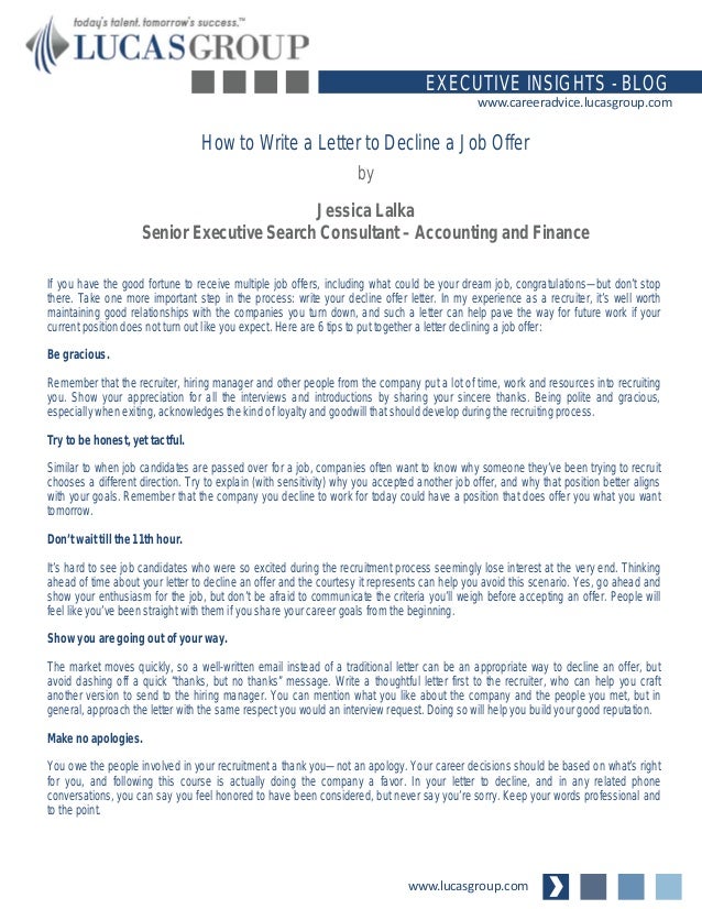 how to write a letter to decline a job offer letter to turn down a job offer