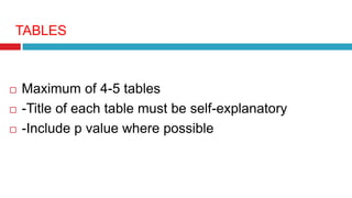 TABLES
 Maximum of 4-5 tables
 -Title of each table must be self-explanatory
 -Include p value where possible
 