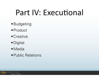 Part	
  IV:	
  Execu-onal	
  
• Budgeting
• Product
• Creative
• Digital
• Media
• Public Relations

 
