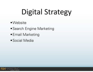 Digital	
  Strategy
• Website
• Search Engine Marketing
• Email Marketing
• Social Media

 