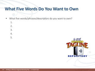 What Five Words Do You Want to Own
 What five words/phrases/descriptors do you want to own?
1.
2.
3.
4.
5.

102 | Building an Effective Integrated Marketing Plan | © STAMATS 2013

 