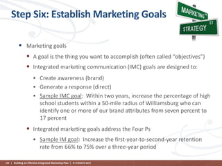 Step Six: Establish Marketing Goals
 Marketing goals
 A goal is the thing you want to accomplish (often called “objectives”)
 Integrated marketing communication (IMC) goals are designed to:
 Create awareness (brand)
 Generate a response (direct)
 Sample IMC goal: Within two years, increase the percentage of high

school students within a 50-mile radius of Williamsburg who can
identify one or more of our brand attributes from seven percent to
17 percent

 Integrated marketing goals address the Four Ps
 Sample IM goal: Increase the first-year-to-second-year retention

rate from 66% to 75% over a three-year period
108 | Building an Effective Integrated Marketing Plan | © STAMATS 2013

 