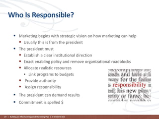 Who Is Responsible?
 Marketing begins with strategic vision on how marketing can help
 Usually this is from the president
 The president must
 Establish a clear institutional direction
 Enact enabling policy and remove organizational roadblocks
 Allocate realistic resources
 Link programs to budgets

 Provide authority
 Assign responsibility
 The president can demand results

 Commitment is spelled $
127 | Building an Effective Integrated Marketing Plan | © STAMATS 2013

 