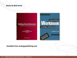 Books by Bob Sevier

Available from strategypublishing.com

130 | Building an Effective Integrated Marketing Plan | © STAMATS 2013

 