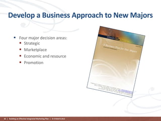 Develop a Business Approach to New Majors
 Four major decision areas:
 Strategic
 Marketplace
 Economic and resource
 Promotion

38 | Building an Effective Integrated Marketing Plan | © STAMATS 2013

 