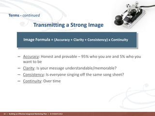 Terms - continued

Transmitting a Strong Image
Image Formula = (Accuracy + Clarity + Consistency) x Continuity

– Accuracy: Honest and provable – 95% who you are and 5% who you
want to be
– Clarity: Is your message understandable/memorable?
– Consistency: Is everyone singing off the same song sheet?
– Continuity: Over time

54 | Building an Effective Integrated Marketing Plan | © STAMATS 2013

 