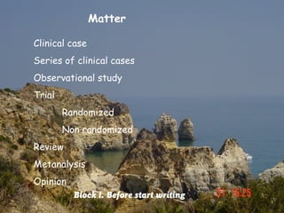 Matter

Clinical case
Series of clinical cases
Observational study
Trial
        Randomized
        Non randomized
Review
Metanalysis
Opinion
          Block I. Before start writing
 