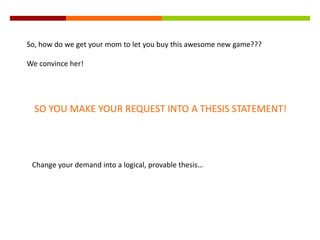 So, how do we get your mom to let you buy this awesome new game???
We convince her!
SO YOU MAKE YOUR REQUEST INTO A THESIS STATEMENT!
Change your demand into a logical, provable thesis…
 