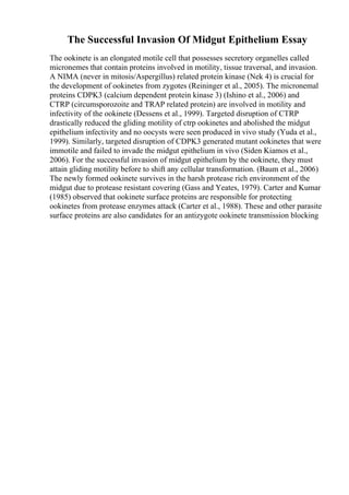 The Successful Invasion Of Midgut Epithelium Essay
The ookinete is an elongated motile cell that possesses secretory organelles called
micronemes that contain proteins involved in motility, tissue traversal, and invasion.
A NIMA (never in mitosis/Aspergillus) related protein kinase (Nek 4) is crucial for
the development of ookinetes from zygotes (Reininger et al., 2005). The micronemal
proteins CDPK3 (calcium dependent protein kinase 3) (Ishino et al., 2006) and
CTRP (circumsporozoite and TRAP related protein) are involved in motility and
infectivity of the ookinete (Dessens et al., 1999). Targeted disruption of CTRP
drastically reduced the gliding motility of ctrp ookinetes and abolished the midgut
epithelium infectivity and no oocysts were seen produced in vivo study (Yuda et al.,
1999). Similarly, targeted disruption of CDPK3 generated mutant ookinetes that were
immotile and failed to invade the midgut epithelium in vivo (Siden Kiamos et al.,
2006). For the successful invasion of midgut epithelium by the ookinete, they must
attain gliding motility before to shift any cellular transformation. (Baum et al., 2006)
The newly formed ookinete survives in the harsh protease rich environment of the
midgut due to protease resistant covering (Gass and Yeates, 1979). Carter and Kumar
(1985) observed that ookinete surface proteins are responsible for protecting
ookinetes from protease enzymes attack (Carter et al., 1988). These and other parasite
surface proteins are also candidates for an antizygote ookinete transmission blocking
 