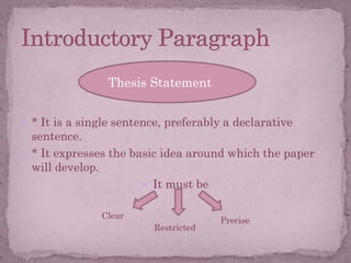  * It is a single sentence, preferably a declarative
sentence.
 * It expresses the basic idea around which the paper
will develop.
 It must be
Thesis Statement
Clear
Restricted
Precise
 
