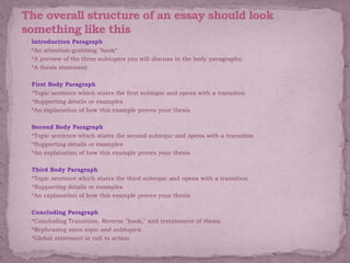  Introduction Paragraph
 *An attention-grabbing "hook“
 *A preview of the three subtopics you will discuss in the body paragraphs.
 *A thesis statement
 First Body Paragraph
 *Topic sentence which states the first subtopic and opens with a transition
 *Supporting details or examples
 *An explanation of how this example proves your thesis
 Second Body Paragraph
 *Topic sentence which states the second subtopic and opens with a transition
 *Supporting details or examples
 *An explanation of how this example proves your thesis
 Third Body Paragraph
 *Topic sentence which states the third subtopic and opens with a transition
 *Supporting details or examples
 *An explanation of how this example proves your thesis
 Concluding Paragraph
 *Concluding Transition, Reverse "hook," and restatement of thesis.
 *Rephrasing main topic and subtopics.
 *Global statement or call to action.
 