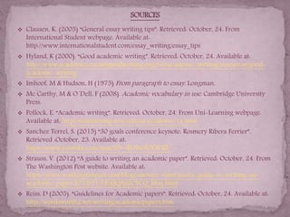  Clausen, K. (2005) “General essay writing tips”. Retrieved: October, 24. From
International Student webpage. Available at:
http://www.internationalstudent.com/essay_writing/essay_tips
 Hyland, K (2000). “Good academic writing”. Retrieved: October, 24. Available at:
http://www.academiccoachingandwriting.org/S=0/academic-writing/resources/good-
academic-writing
 Imhoof, M & Hudson, H (1975) From paragraph to essay. Longman.
 Mc Carthy, M & O´Dell, F (2008). Academic vocabulary in use. Cambridge University
Press.
 Pollock, E. “Academic writing”. Retrieved: October, 24. From Uni-Learning webpage.
Available at: http://unilearning.uow.edu.au/academic/1a.html
 Sanchez Terrel, S. (2015) “30 goals conference keynote: Rosmery Ribera Ferrier”.
Retrieved :October, 23. Available at:
https://www.youtube.com/watch?v=RDBuSUXWIEU
 Strauss, V. (2012) “A guide to writing an academic paper”. Retrieved: October, 24. From
The Washington Post website. Available at:
https://www.washingtonpost.com/blogs/answer-sheet/post/a-guide-to-writing-an-
academic-paper/2012/01/18/gIQAjGCTCQ_blog.html
 Reiss, D (2005). “Guidelines for Academic papers”. Retrieved: October, 24. Available at:
http://wordsworth2.net/writing/academicpapers.htm
 