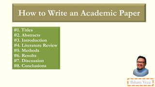 How to Write an Academic Paper
Ibham Veza
#1. Titles
#2. Abstracts
#3. Introduction
#4. Literature Review
#5. Methods
#6. Results
#7. Discussion
#8. Conclusions
 