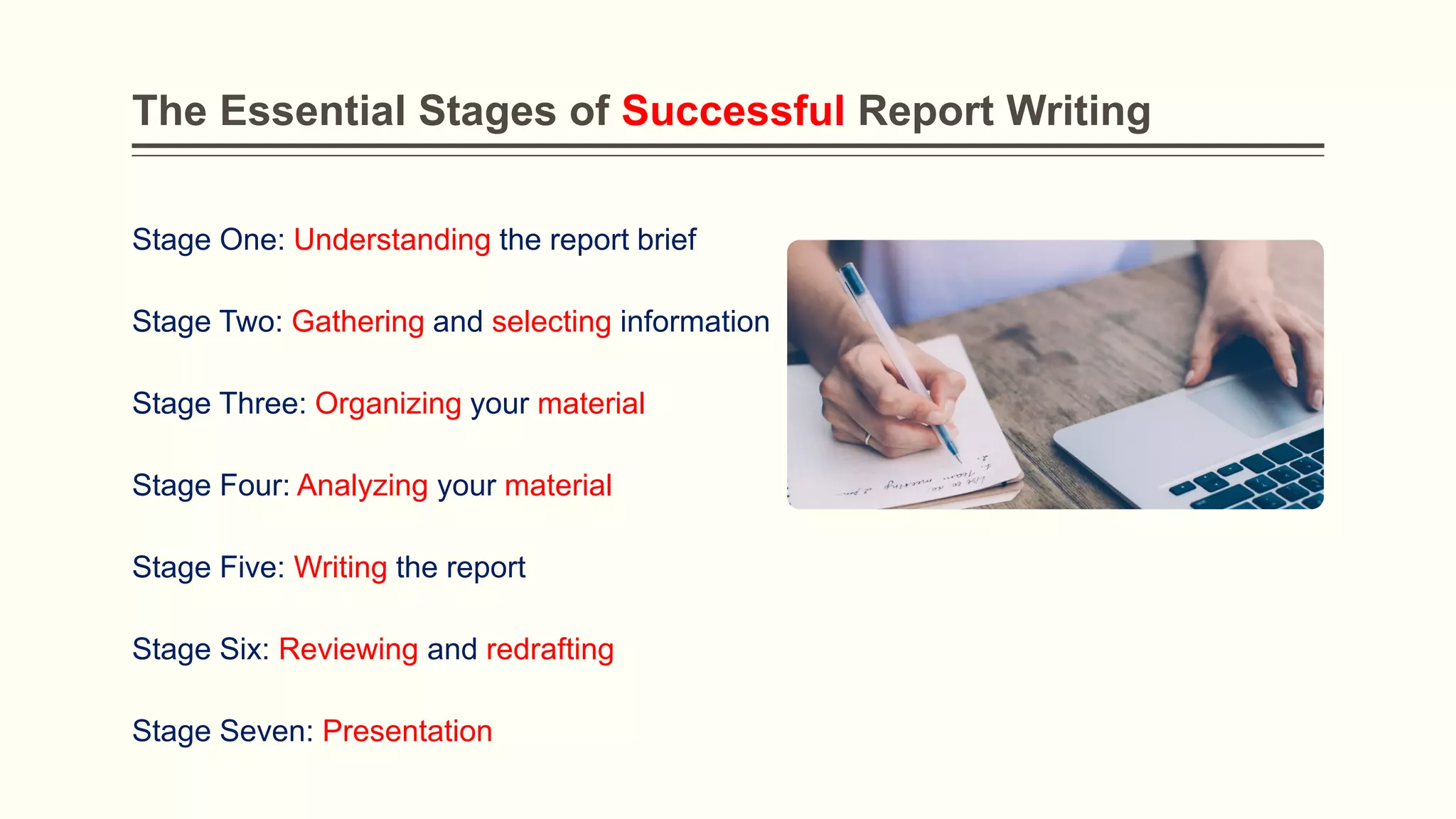 The Essential Stages of Successful Report Writing
Stage One: Understanding the report brief
Stage Two: Gathering and selecting information
Stage Three: Organizing your material
Stage Four: Analyzing your material
Stage Five: Writing the report
Stage Six: Reviewing and redrafting
Stage Seven: Presentation
 