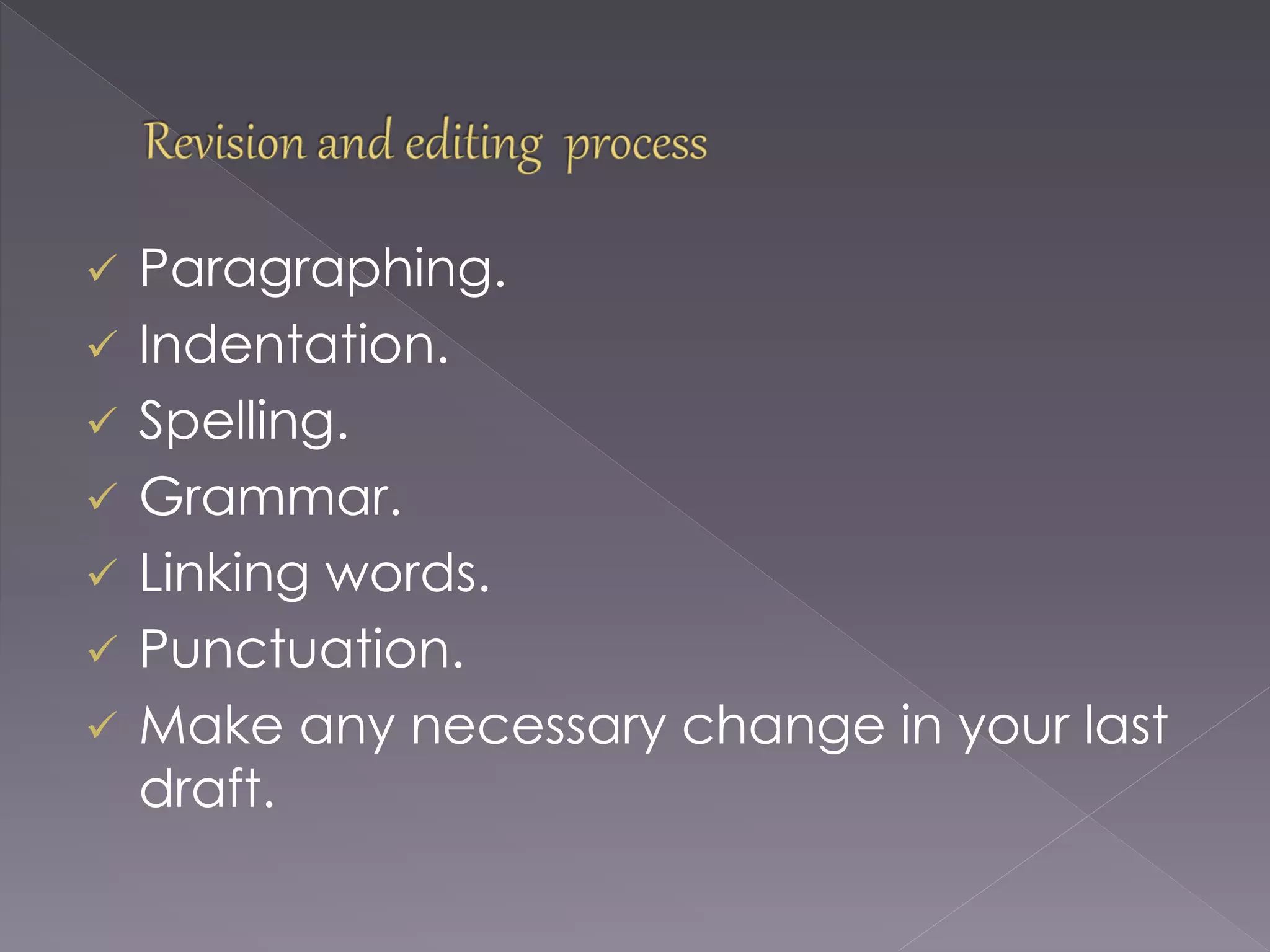  Paragraphing.
 Indentation.
 Spelling.
 Grammar.
 Linking words.
 Punctuation.
 Make any necessary change in your last
draft.
 