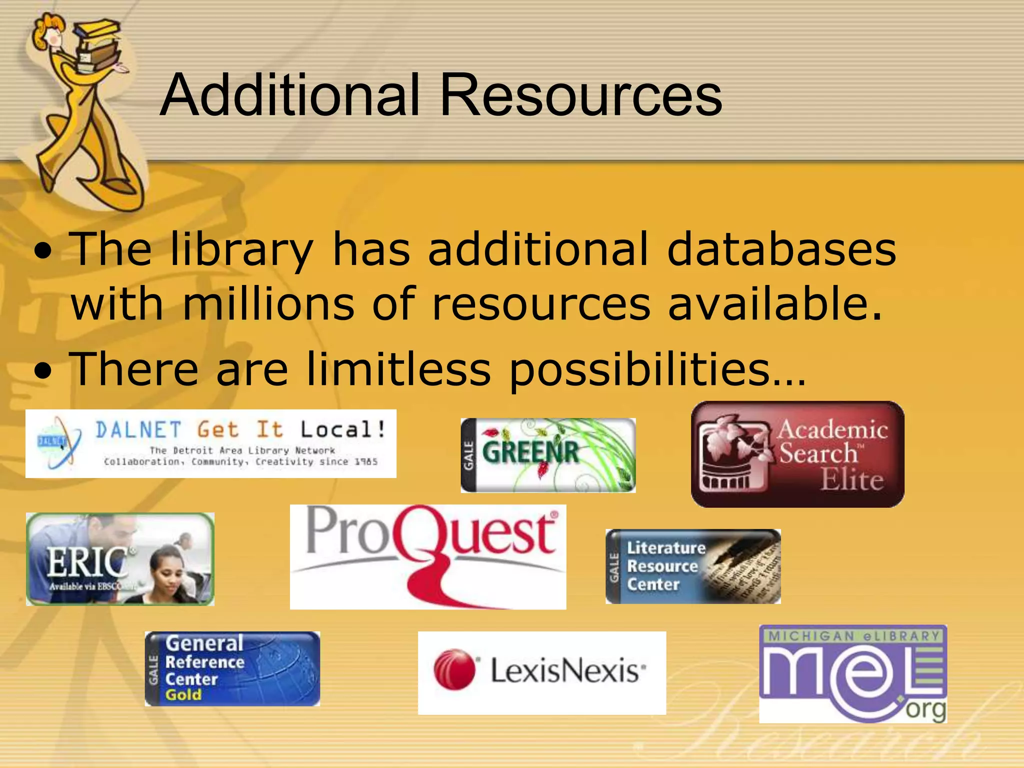 Additional Resources
• The library has additional databases
with millions of resources available.
• There are limitless possibilities…

 