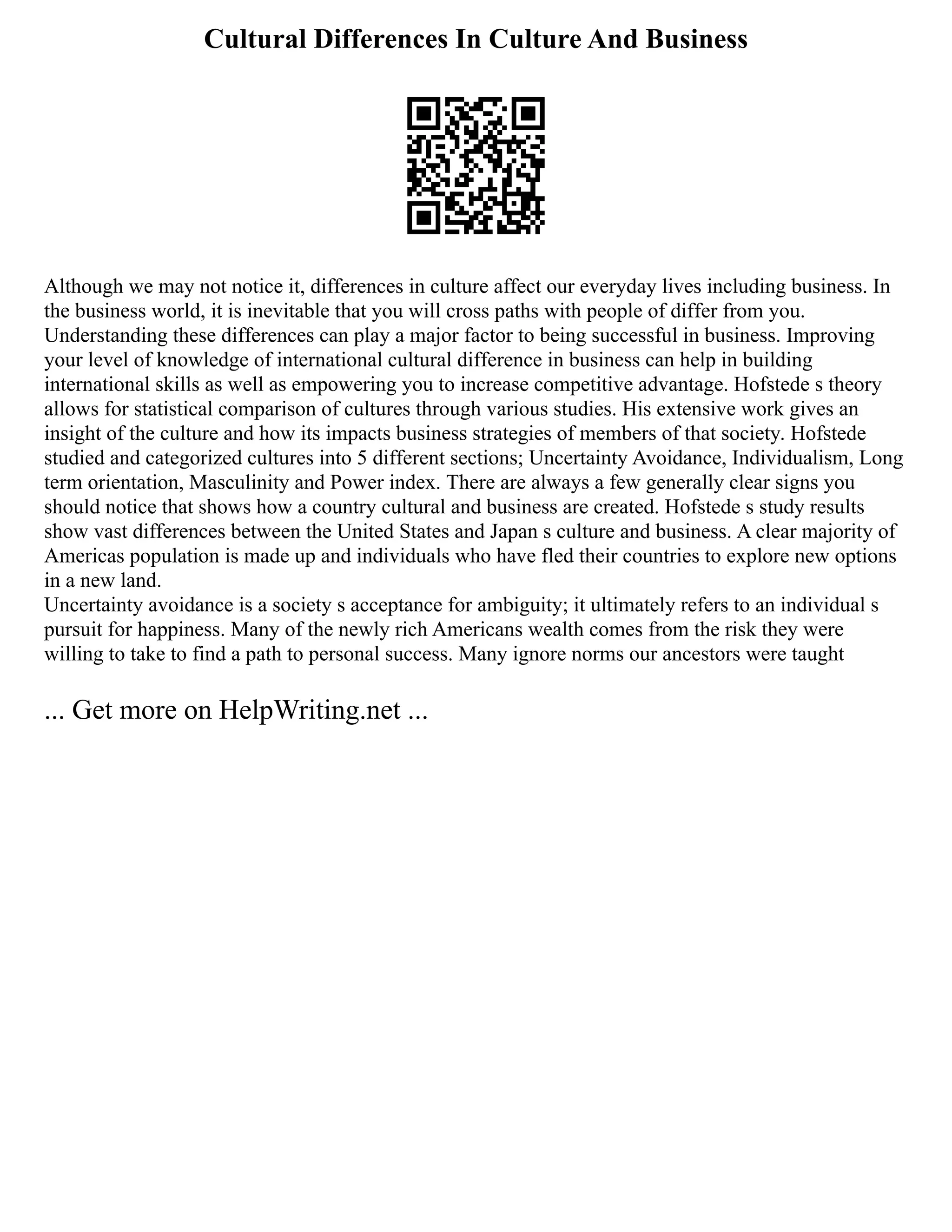 Cultural Differences In Culture And Business
Although we may not notice it, differences in culture affect our everyday lives including business. In
the business world, it is inevitable that you will cross paths with people of differ from you.
Understanding these differences can play a major factor to being successful in business. Improving
your level of knowledge of international cultural difference in business can help in building
international skills as well as empowering you to increase competitive advantage. Hofstede s theory
allows for statistical comparison of cultures through various studies. His extensive work gives an
insight of the culture and how its impacts business strategies of members of that society. Hofstede
studied and categorized cultures into 5 different sections; Uncertainty Avoidance, Individualism, Long
term orientation, Masculinity and Power index. There are always a few generally clear signs you
should notice that shows how a country cultural and business are created. Hofstede s study results
show vast differences between the United States and Japan s culture and business. A clear majority of
Americas population is made up and individuals who have fled their countries to explore new options
in a new land.
Uncertainty avoidance is a society s acceptance for ambiguity; it ultimately refers to an individual s
pursuit for happiness. Many of the newly rich Americans wealth comes from the risk they were
willing to take to find a path to personal success. Many ignore norms our ancestors were taught
... Get more on HelpWriting.net ...
 