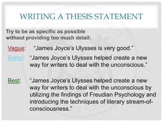 WRITING A THESIS STATEMENT
Try to be as specific as possible
without providing too much detail:
Vague: “James Joyce’s Ulysses is very good.”
Best: “James Joyce’s Ulysses helped create a new
way for writers to deal with the unconscious by
utilizing the findings of Freudian Psychology and
introducing the techniques of literary stream-of-
consciousness.”
Better: “James Joyce’s Ulysses helped create a new
way for writers to deal with the unconscious.”
 