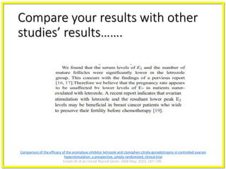 Compare your results with other
studies’ results…….
Comparison of the efficacy of the aromatase inhibitor letrozole and clomiphen citrate gonadotropins in controlled ovarian
hyperstimulation: a prospective, simply randomized, clinical trial
Ensieh Sh et al.J Assist Reprod Genet. 2008 May; 25(5): 187–190.
 