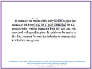Comparison of the efficacy of the aromatase inhibitor letrozole and clomiphen citrate gonadotropins in controlled ovarian
hyperstimulation: a prospective, simply randomized, clinical trial
Ensieh Sh et al.J Assist Reprod Genet. 2008 May; 25(5): 187–190.
Research,4e-John Creswell
 