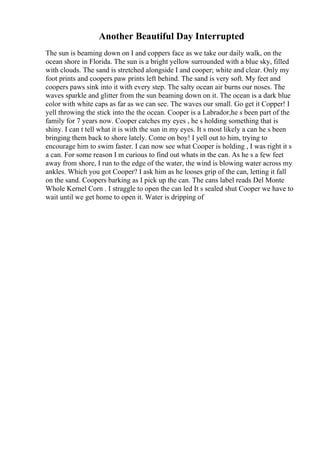 Another Beautiful Day Interrupted
The sun is beaming down on I and coppers face as we take our daily walk, on the
ocean shore in Florida. The sun is a bright yellow surrounded with a blue sky, filled
with clouds. The sand is stretched alongside I and cooper; white and clear. Only my
foot prints and coopers paw prints left behind. The sand is very soft. My feet and
coopers paws sink into it with every step. The salty ocean air burns our noses. The
waves sparkle and glitter from the sun beaming down on it. The ocean is a dark blue
color with white caps as far as we can see. The waves our small. Go get it Copper! I
yell throwing the stick into the the ocean. Cooper is a Labrador,he s been part of the
family for 7 years now. Cooper catches my eyes , he s holding something that is
shiny. I can t tell what it is with the sun in my eyes. It s most likely a can he s been
bringing them back to shore lately. Come on boy! I yell out to him, trying to
encourage him to swim faster. I can now see what Cooper is holding , I was right it s
a can. For some reason I m curious to find out whats in the can. As he s a few feet
away from shore, I run to the edge of the water, the wind is blowing water across my
ankles. Which you got Cooper? I ask him as he looses grip of the can, letting it fall
on the sand. Coopers barking as I pick up the can. The cans label reads Del Monte
Whole Kernel Corn . I straggle to open the can led It s sealed shut Cooper we have to
wait until we get home to open it. Water is dripping of
 