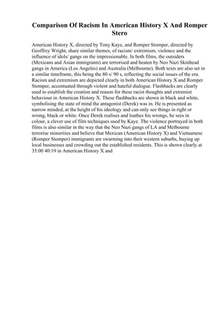 Comparison Of Racism In American History X And Romper
Stero
American History X, directed by Tony Kaye, and Romper Stomper, directed by
Geoffrey Wright, share similar themes, of racism/ extremism, violence and the
influence of idols/ gangs on the impressionable. In both films, the outsiders
(Mexicans and Asian immigrants) are terrorised and beaten by Neo Nazi Skinhead
gangs in America (Los Angeles) and Australia (Melbourne). Both texts are also set in
a similar timeframe, this being the 80 s/ 90 s, reflecting the social issues of the era.
Racism and extremism are depicted clearly in both American History X and Romper
Stomper, accentuated through violent and hateful dialogue. Flashbacks are clearly
used to establish the creation and reason for these racist thoughts and extremist
behaviour in American History X. These flashbacks are shown in black and white,
symbolising the state of mind the antagonist (Derek) was in. He is presented as
narrow minded, at the height of his ideology and can only see things in right or
wrong, black or white. Once Derek realises and loathes his wrongs, he sees in
colour, a clever use of film techniques used by Kaye. The violence portrayed in both
films is also similar in the way that the Neo Nazi gangs of LA and Melbourne
terrorise minorities and believe that Mexican (American History X) and Vietnamese
(Romper Stomper) immigrants are swarming into their western suburbs, buying up
local businesses and crowding out the established residents. This is shown clearly at
35:00 40:19 in American History X and
 