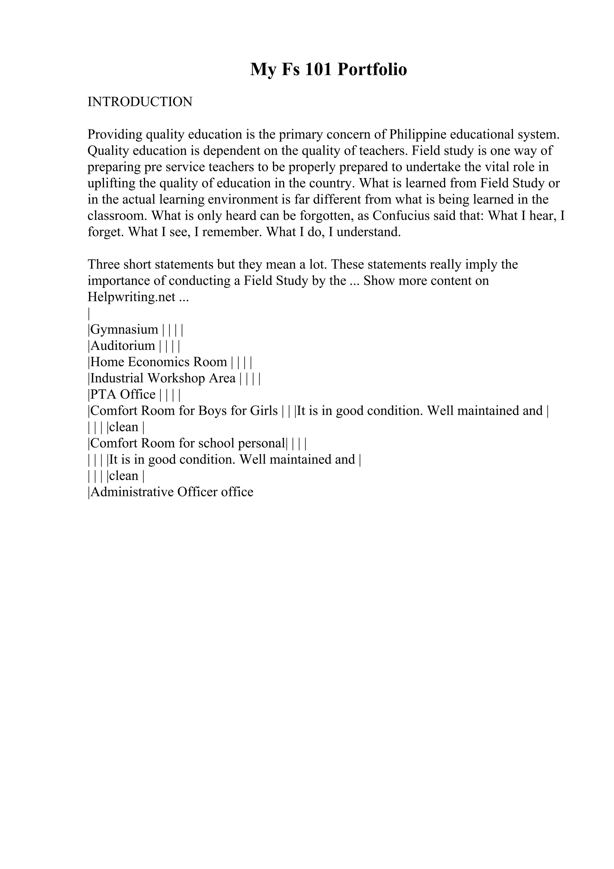 My Fs 101 Portfolio
INTRODUCTION
Providing quality education is the primary concern of Philippine educational system.
Quality education is dependent on the quality of teachers. Field study is one way of
preparing pre service teachers to be properly prepared to undertake the vital role in
uplifting the quality of education in the country. What is learned from Field Study or
in the actual learning environment is far different from what is being learned in the
classroom. What is only heard can be forgotten, as Confucius said that: What I hear, I
forget. What I see, I remember. What I do, I understand.
Three short statements but they mean a lot. These statements really imply the
importance of conducting a Field Study by the ... Show more content on
Helpwriting.net ...
|
|Gymnasium | | | |
|Auditorium | | | |
|Home Economics Room | | | |
|Industrial Workshop Area | | | |
|PTA Office | | | |
|Comfort Room for Boys for Girls | | |It is in good condition. Well maintained and |
| | | |clean |
|Comfort Room for school personal| | | |
| | | |It is in good condition. Well maintained and |
| | | |clean |
|Administrative Officer office
 