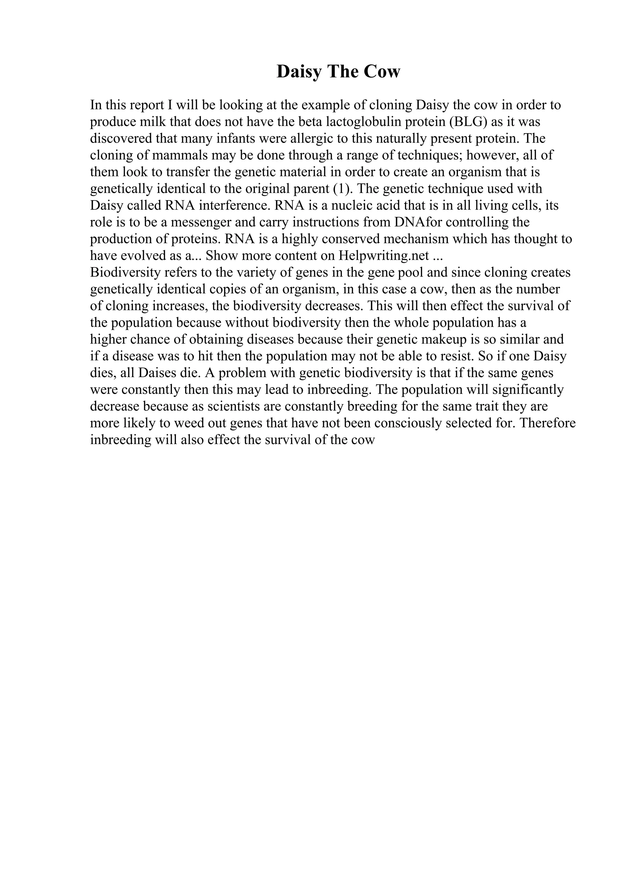 Daisy The Cow
In this report I will be looking at the example of cloning Daisy the cow in order to
produce milk that does not have the beta lactoglobulin protein (BLG) as it was
discovered that many infants were allergic to this naturally present protein. The
cloning of mammals may be done through a range of techniques; however, all of
them look to transfer the genetic material in order to create an organism that is
genetically identical to the original parent (1). The genetic technique used with
Daisy called RNA interference. RNA is a nucleic acid that is in all living cells, its
role is to be a messenger and carry instructions from DNAfor controlling the
production of proteins. RNA is a highly conserved mechanism which has thought to
have evolved as a... Show more content on Helpwriting.net ...
Biodiversity refers to the variety of genes in the gene pool and since cloning creates
genetically identical copies of an organism, in this case a cow, then as the number
of cloning increases, the biodiversity decreases. This will then effect the survival of
the population because without biodiversity then the whole population has a
higher chance of obtaining diseases because their genetic makeup is so similar and
if a disease was to hit then the population may not be able to resist. So if one Daisy
dies, all Daises die. A problem with genetic biodiversity is that if the same genes
were constantly then this may lead to inbreeding. The population will significantly
decrease because as scientists are constantly breeding for the same trait they are
more likely to weed out genes that have not been consciously selected for. Therefore
inbreeding will also effect the survival of the cow
 