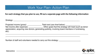 Work Your Plan- Action Plan
For	each	strategy	that	you	plan	to	use,	ﬁll	out	a	separate	page	with	the	following	informaGon
#Aploswebinar
Strategy: ________________________________________________________________
Projected income (gross): ______________ Total cost (use chart below): ______________
Net income after expenses: ______________ Other goals that this strategy will meet (such as donor
appreciation, acquiring new donors, generating publicity, involving board members in fundraising,
etc):
________________________________________________________________________________
________________________________________________________________________
Number of staff and volunteers needed to carry out this strategy: _____________________
 