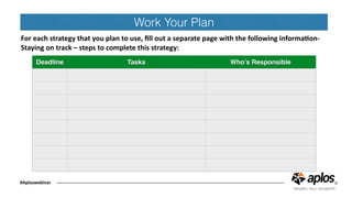 Work Your Plan
For	each	strategy	that	you	plan	to	use,	ﬁll	out	a	separate	page	with	the	following	informaGon-		
Staying	on	track	–	steps	to	complete	this	strategy:	
#Aploswebinar
Deadline Tasks Who’s Responsible
 