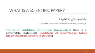 WHAT IS A SCIENTIFIC PAPER?
‫؟‬ ‫العلمية‬ ‫بالورقة‬ ‫مالمقصود‬
‫ومباشرة‬ ‫ودقيقة‬ ‫واضحة‬ ‫جديدة‬ ‫بمعلومات‬ ‫االنسانية‬ ‫المعرفة‬ ‫يثري‬ ‫مستند‬ ‫هي‬.
3
 