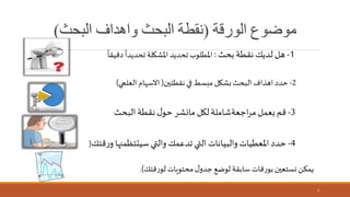 ‫الورقة‬ ‫موضوع‬(‫البحث‬ ‫واهداف‬ ‫البحث‬ ‫نقطة‬)
7
1-‫بحث‬ ‫نقطة‬ ‫لديك‬ ‫هل‬:‫املطلوب‬
ً
‫دقيقا‬
ً
‫تحديدا‬ ‫املشكلة‬ ‫تحديد‬
2-‫نقطتين‬ ‫في‬ ‫مبسط‬ ‫بشكل‬ ‫البحث‬ ‫اهذاف‬ ‫حدد‬(‫العلمي‬ ‫االسهام‬)
3-‫البحث‬‫نقطة‬ ‫ل‬‫حو‬ ‫مانشر‬ ‫لكل‬‫اجعةشاملة‬‫ر‬‫م‬‫بعمل‬ ‫قم‬
4-‫سيتتظمنها‬ ‫والتي‬ ‫تدعمك‬ ‫التي‬ ‫والبيانات‬ ‫املعطيات‬ ‫حدد‬‫قتك‬‫ر‬‫و‬(
‫قتك‬‫ر‬‫لو‬ ‫محتويات‬ ‫ل‬‫جدو‬ ‫لوضع‬ ‫سابقة‬ ‫قات‬‫ر‬‫بو‬ ‫نستعين‬ ‫يمكن‬.)
 