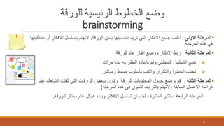 ‫للورقة‬ ‫الرئيسية‬ ‫الخطوط‬ ‫وضع‬
brainstorming
‫االولى‬ ‫المرحلة‬:‫الورقة‬ ‫بمتن‬ ‫تضمينها‬ ‫تريد‬ ‫التي‬ ‫االفكار‬ ‫جميع‬ ‫اكتب‬.‫ا‬ ‫بتسلسل‬ ‫التهتم‬‫منطقيتها‬ ‫أو‬ ‫الفكار‬
‫المرحلة‬ ‫هذه‬ ‫في‬.
‫الثانية‬ ‫المرحلة‬:‫للورقة‬ ‫عام‬ ‫اطار‬ ‫ووضع‬ ‫االفكار‬ ‫ربط‬
‫مرات‬ ‫عدة‬ ‫به‬ ‫النظر‬ ‫باعادة‬ ‫وقم‬ ‫المنطقي‬ ‫التسلسل‬ ‫ضع‬.
‫ومباشر‬ ‫مبسط‬ ‫باسلوب‬ ‫واكتب‬ ‫والتكرار‬ ‫الحشوا‬ ‫تجنب‬.
‫الثلثة‬ ‫المرحلة‬:‫ان‬ ‫لفتت‬ ‫التي‬ ‫الورقات‬ ‫ببعض‬ ‫وقارن‬ ‫للورقة‬ ‫المحتويات‬ ‫جدول‬ ‫بوضع‬ ‫قم‬‫عند‬ ‫تباهك‬
‫السابقة‬ ‫االعمال‬ ‫دراسة‬(‫المرحلة‬ ‫هذه‬ ‫في‬ ‫اللغوي‬ ‫بالترابط‬ ‫التهتم‬)
‫للورقة‬ ‫ممتاز‬ ‫عام‬ ‫هيكل‬ ‫وبناء‬ ‫االفكار‬ ‫تسلسل‬ ‫لضمان‬ ‫المشرف‬ ‫استشر‬ ‫الرابعة‬ ‫المرحلة‬.
8
 