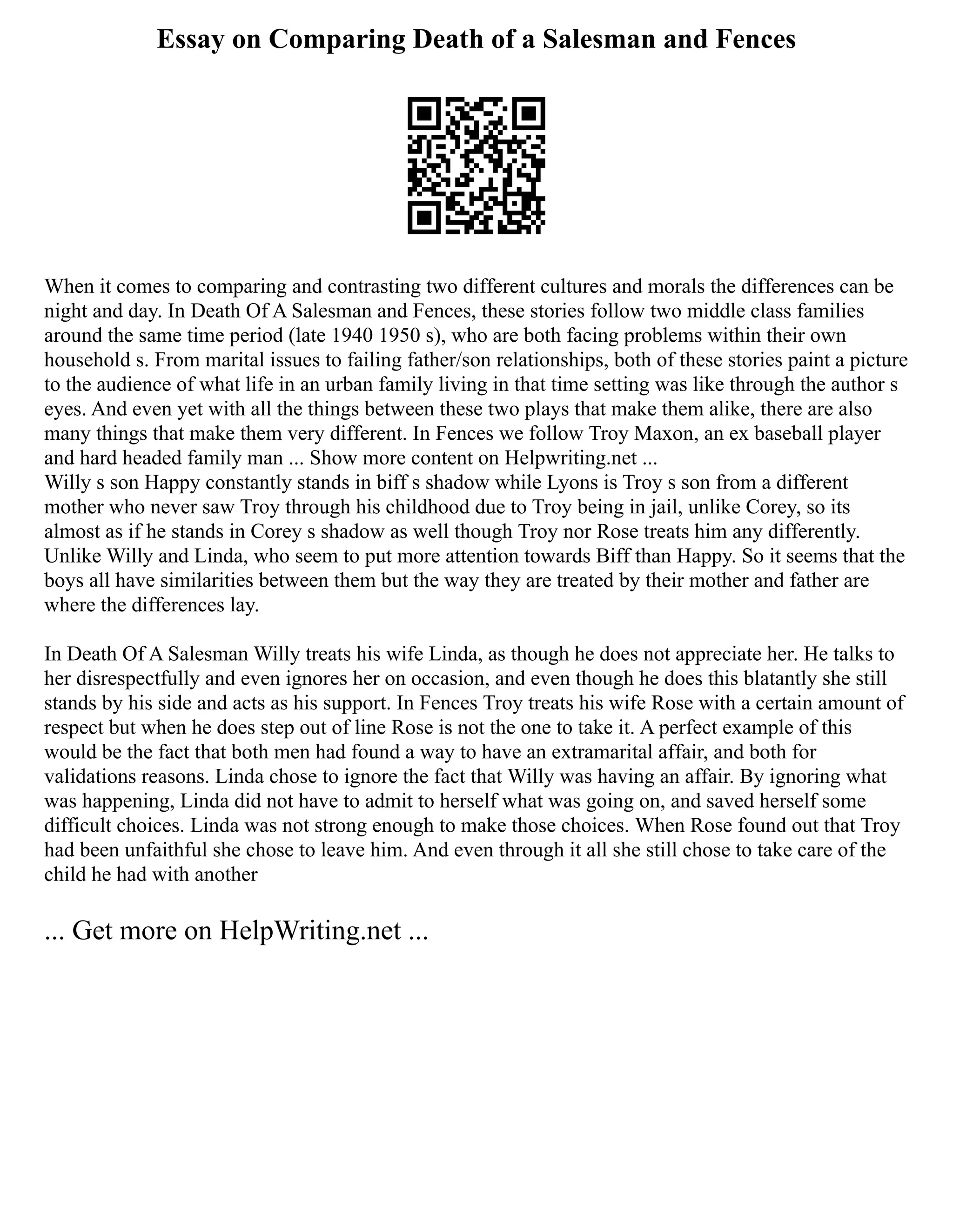 Essay on Comparing Death of a Salesman and Fences
When it comes to comparing and contrasting two different cultures and morals the differences can be
night and day. In Death Of A Salesman and Fences, these stories follow two middle class families
around the same time period (late 1940 1950 s), who are both facing problems within their own
household s. From marital issues to failing father/son relationships, both of these stories paint a picture
to the audience of what life in an urban family living in that time setting was like through the author s
eyes. And even yet with all the things between these two plays that make them alike, there are also
many things that make them very different. In Fences we follow Troy Maxon, an ex baseball player
and hard headed family man ... Show more content on Helpwriting.net ...
Willy s son Happy constantly stands in biff s shadow while Lyons is Troy s son from a different
mother who never saw Troy through his childhood due to Troy being in jail, unlike Corey, so its
almost as if he stands in Corey s shadow as well though Troy nor Rose treats him any differently.
Unlike Willy and Linda, who seem to put more attention towards Biff than Happy. So it seems that the
boys all have similarities between them but the way they are treated by their mother and father are
where the differences lay.
In Death Of A Salesman Willy treats his wife Linda, as though he does not appreciate her. He talks to
her disrespectfully and even ignores her on occasion, and even though he does this blatantly she still
stands by his side and acts as his support. In Fences Troy treats his wife Rose with a certain amount of
respect but when he does step out of line Rose is not the one to take it. A perfect example of this
would be the fact that both men had found a way to have an extramarital affair, and both for
validations reasons. Linda chose to ignore the fact that Willy was having an affair. By ignoring what
was happening, Linda did not have to admit to herself what was going on, and saved herself some
difficult choices. Linda was not strong enough to make those choices. When Rose found out that Troy
had been unfaithful she chose to leave him. And even through it all she still chose to take care of the
child he had with another
... Get more on HelpWriting.net ...
 