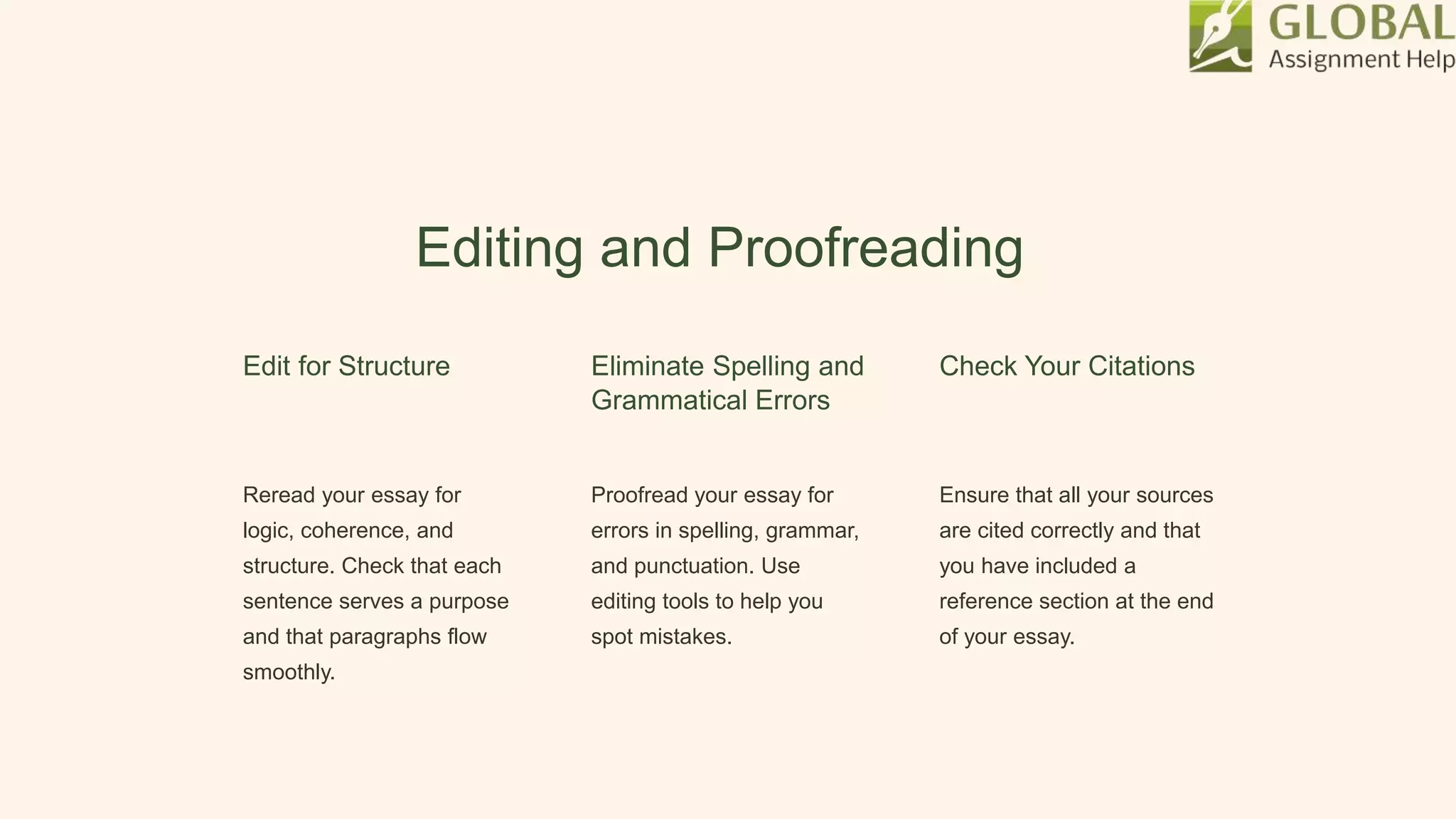 Editing and Proofreading
Edit for Structure
Reread your essay for
logic, coherence, and
structure. Check that each
sentence serves a purpose
and that paragraphs flow
smoothly.
Eliminate Spelling and
Grammatical Errors
Proofread your essay for
errors in spelling, grammar,
and punctuation. Use
editing tools to help you
spot mistakes.
Check Your Citations
Ensure that all your sources
are cited correctly and that
you have included a
reference section at the end
of your essay.
 