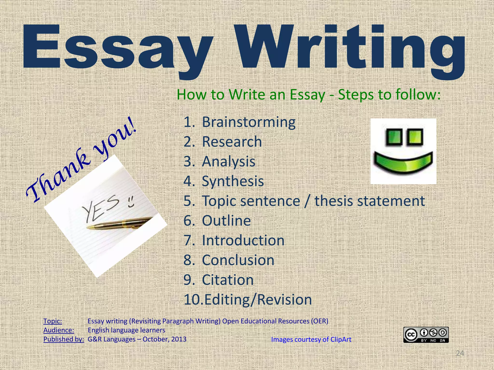 Essay Writing
How to Write an Essay - Steps to follow:
1. Brainstorming
2. Research
3. Analysis
4. Synthesis
5. Topic sentence / thesis statement
6. Outline
7. Introduction
8. Conclusion
9. Citation
10.Editing/Revision
Topic:
Essay writing (Revisiting Paragraph Writing) Open Educational Resources (OER)
Audience:
English language learners
Published by: G&R Languages – October, 2013
Images courtesy of ClipArt

24

 