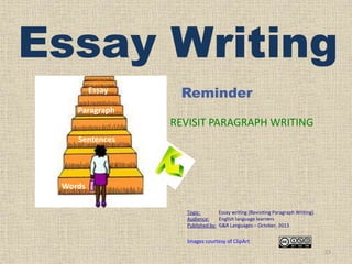 Essay Writing
Essay

Reminder

Paragraph

REVISIT PARAGRAPH WRITING
Sentences

Words
Topic:
Essay writing (Revisiting Paragraph Writing)
Audience:
English language learners
Published by: G&R Languages – October, 2013

Images courtesy of ClipArt
23

 