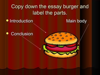 Copy down the essay burger andCopy down the essay burger and
label the parts.label the parts.
Introduction Main bodyIntroduction Main body
 ConclusionConclusion
 