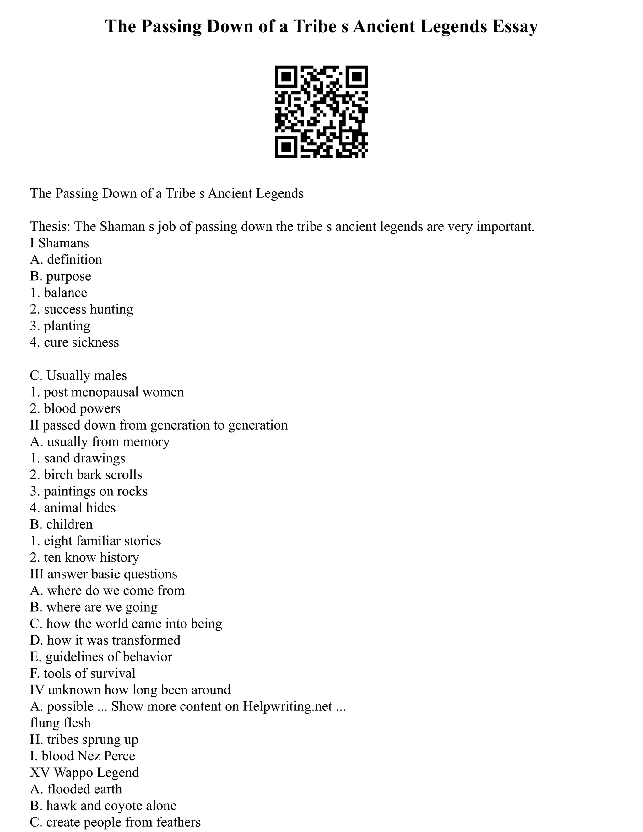 The Passing Down of a Tribe s Ancient Legends Essay
The Passing Down of a Tribe s Ancient Legends
Thesis: The Shaman s job of passing down the tribe s ancient legends are very important.
I Shamans
A. definition
B. purpose
1. balance
2. success hunting
3. planting
4. cure sickness
C. Usually males
1. post menopausal women
2. blood powers
II passed down from generation to generation
A. usually from memory
1. sand drawings
2. birch bark scrolls
3. paintings on rocks
4. animal hides
B. children
1. eight familiar stories
2. ten know history
III answer basic questions
A. where do we come from
B. where are we going
C. how the world came into being
D. how it was transformed
E. guidelines of behavior
F. tools of survival
IV unknown how long been around
A. possible ... Show more content on Helpwriting.net ...
flung flesh
H. tribes sprung up
I. blood Nez Perce
XV Wappo Legend
A. flooded earth
B. hawk and coyote alone
C. create people from feathers
 