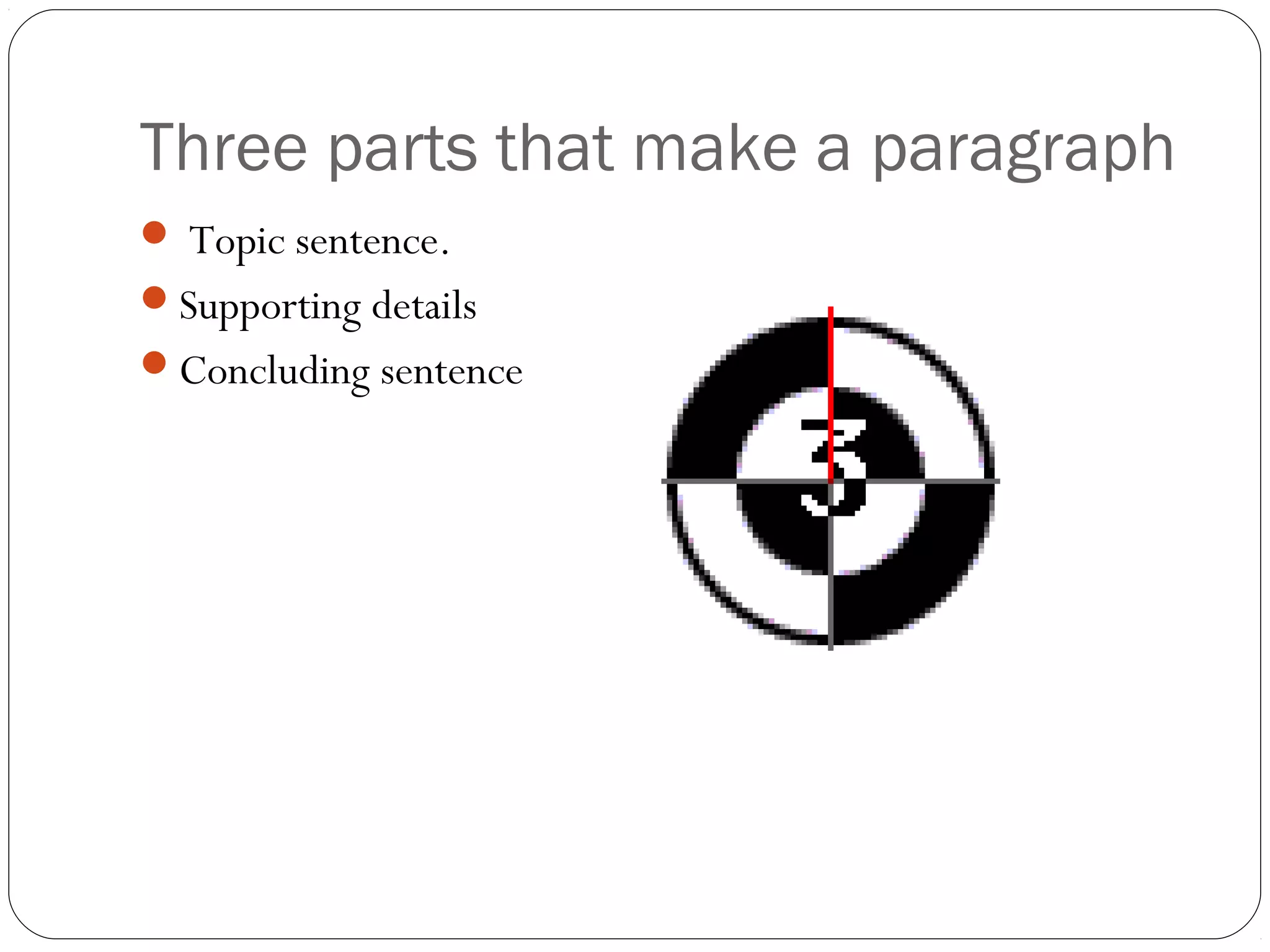 Three parts that make a paragraph
 Topic sentence.
Supporting details
Concluding sentence
 