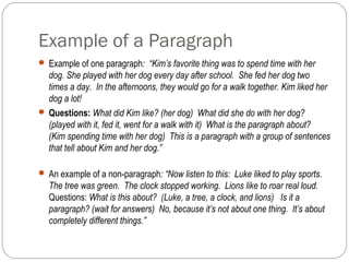Example of a Paragraph
 Example of one paragraph:  “Kim’s favorite thing was to spend time with her 
dog. She played with her dog every day after school.  She fed her dog two 
times a day.  In the afternoons, they would go for a walk together. Kim liked her 
dog a lot! 
 Questions: What did Kim like? (her dog)  What did she do with her dog? 
(played with it, fed it, went for a walk with it)  What is the paragraph about?  
(Kim spending time with her dog)  This is a paragraph with a group of sentences 
that tell about Kim and her dog.”
 An example of a non-paragraph: “Now listen to this:  Luke liked to play sports.  
The tree was green.  The clock stopped working.  Lions like to roar real loud. 
Questions: What is this about?  (Luke, a tree, a clock, and lions)   Is it a 
paragraph? (wait for answers)  No, because it’s not about one thing.  It’s about 
completely different things.”
 