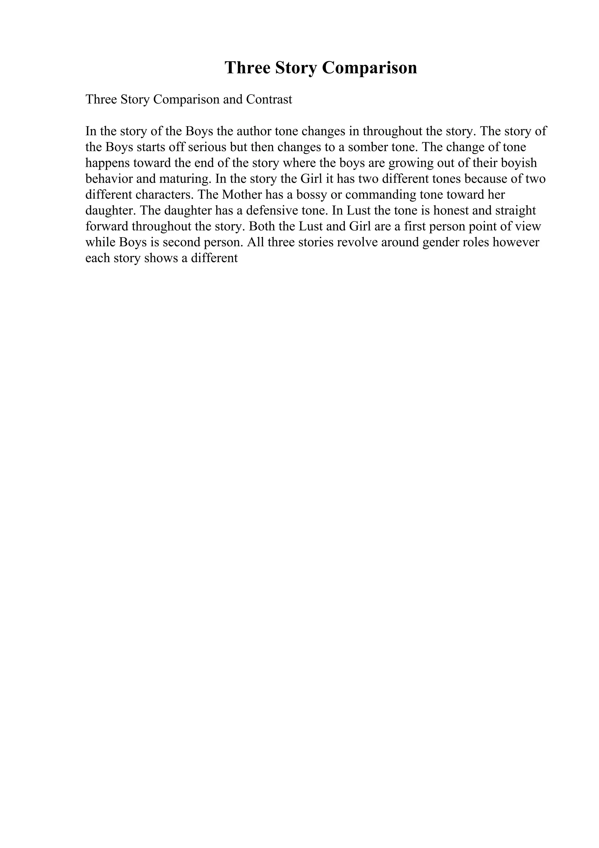 Three Story Comparison
Three Story Comparison and Contrast
In the story of the Boys the author tone changes in throughout the story. The story of
the Boys starts off serious but then changes to a somber tone. The change of tone
happens toward the end of the story where the boys are growing out of their boyish
behavior and maturing. In the story the Girl it has two different tones because of two
different characters. The Mother has a bossy or commanding tone toward her
daughter. The daughter has a defensive tone. In Lust the tone is honest and straight
forward throughout the story. Both the Lust and Girl are a first person point of view
while Boys is second person. All three stories revolve around gender roles however
each story shows a different
 