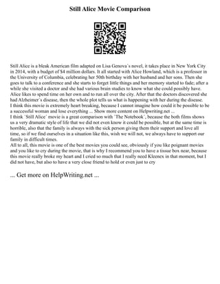 Still Alice Movie Comparison
Still Alice is a bleak American film adapted on Lisa Genova´s novel, it takes place in New York City
in 2014, with a budget of $4 million dollars. It all started with Alice Howland, which is a professor in
the University of Columbia, celebrating her 50th birthday with her husband and her sons. Then she
goes to talk to a conference and she starts to forget little things and her memory started to fade; after a
while she visited a doctor and she had various brain studies to know what she could possibly have.
Alice likes to spend time on her own and to run all over the city. After that the doctors discovered she
had Alzheimer´s disease, then the whole plot tells us what is happening with her during the disease.
I think this movie is extremely heart breaking, because I cannot imagine how could it be possible to be
a successful woman and lose everything ... Show more content on Helpwriting.net ...
I think `Still Alice´ movie is a great comparison with `The Notebook´, because the both films shows
us a very dramatic style of life that we did not even know it could be possible, but at the same time is
horrible, also that the family is always with the sick person giving them their support and love all
time, so if we find ourselves in a situation like this, wish we will not, we always have to support our
family in difficult times.
All to all, this movie is one of the best movies you could see, obviously if you like poignant movies
and you like to cry during the movie, that is why I recommend you to have a tissue box near, because
this movie really broke my heart and I cried so much that I really need Kleenex in that moment, but I
did not have, but also to have a very close friend to hold or even just to cry
... Get more on HelpWriting.net ...
 